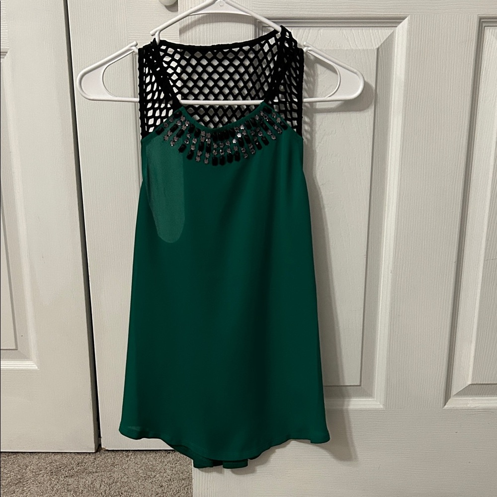 Express Emerald Green Sleeveless Top with Black Mesh Detail